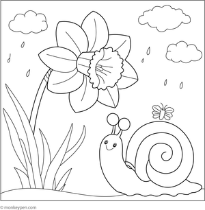Coloring page showing a daffodil with a friendly snail crawling nearby.  
