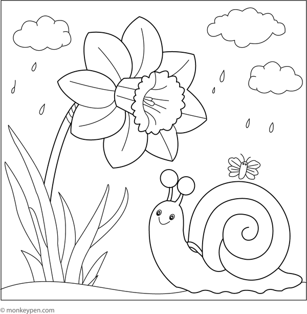 Coloring page showing a daffodil with a friendly snail crawling nearby.  
