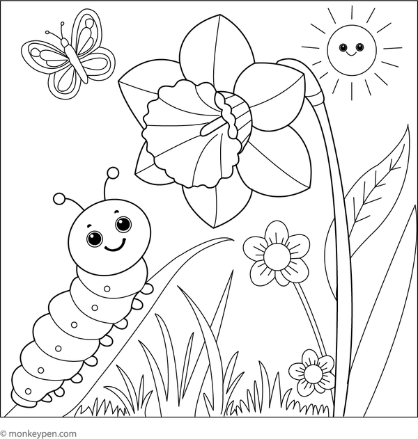 Free printable coloring page of a daffodil with a caterpillar crawling along its leaf.
