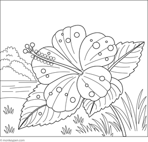 Printable coloring page of a hibiscus flower with tiny raindrops on its petals.
