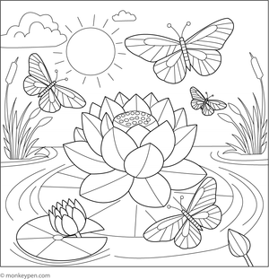 Children’s coloring page of a lotus flower with butterflies fluttering around.
