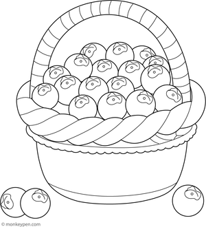 Printable coloring page of a basket filled with fresh blueberries, designed for children.
