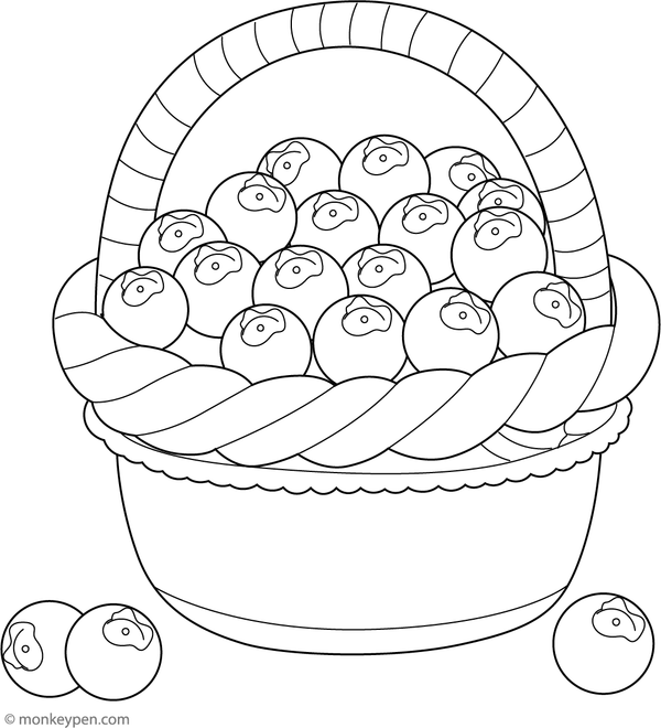 Printable coloring page of a basket filled with fresh blueberries, designed for children.
