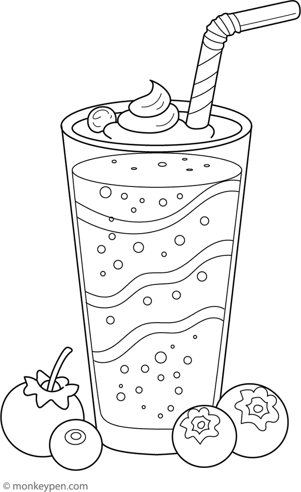 Coloring page of a blueberry smoothie in a tall glass for children.