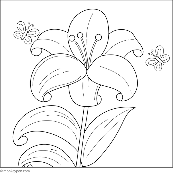 Printable colouring page of a simple lily flower with smooth petals, great for kids to practise neat colouring and explore floral shapes.