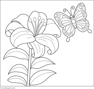 Free printable coloring page showing a butterfly gently landing on a lily, perfect for children who enjoy nature themes.  