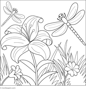 Printable coloring page featuring a dragonfly hovering over a blooming lily, suitable for children interested in garden scenes.  