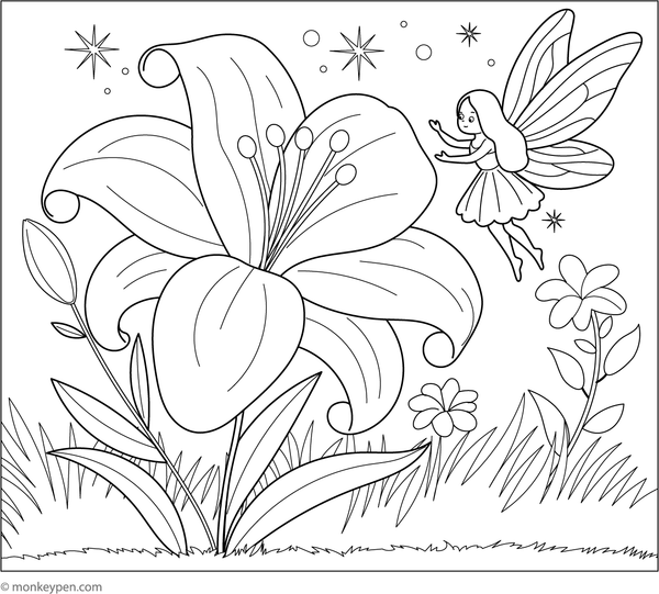 Free printable coloring page featuring a small fairy resting beside a lily flower, perfect for magical coloring activities