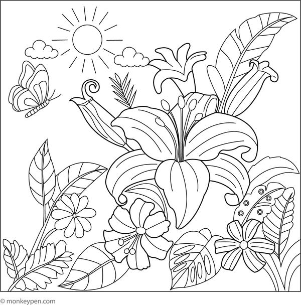 Free printable coloring page of a lily surrounded by tropical plants and lush foliage, perfect for vibrant garden scenes.