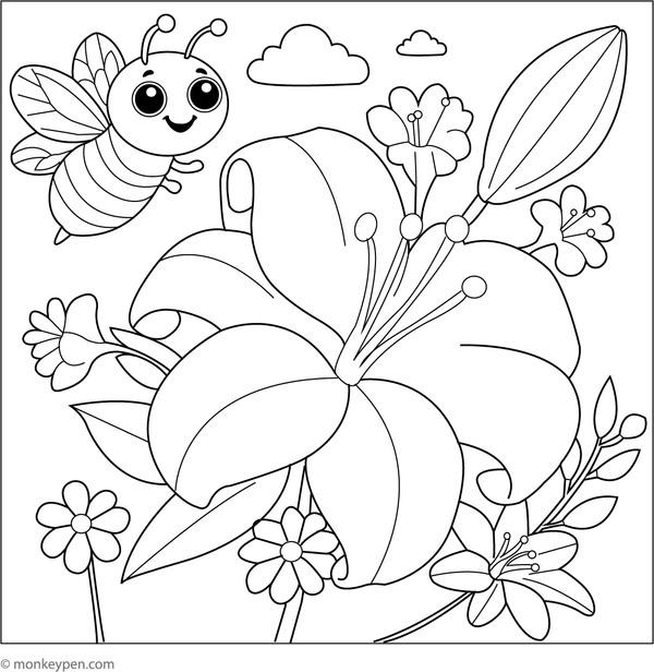 Free printable coloring page of a bee flying near a blooming lily, designed for children to color and learn about pollination.