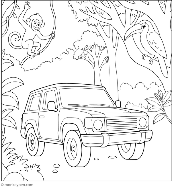 An adventurous jungle truck driving through tall trees and vines, designed for children to color.