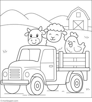 A cheerful farm truck filled with happy animals such as cows, pigs, and chickens, ready for coloring.