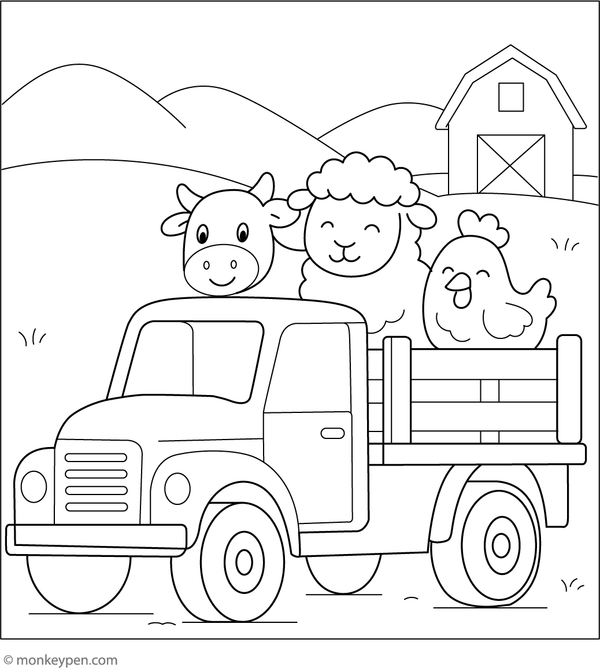 A cheerful farm truck filled with happy animals such as cows, pigs, and chickens, ready for coloring.