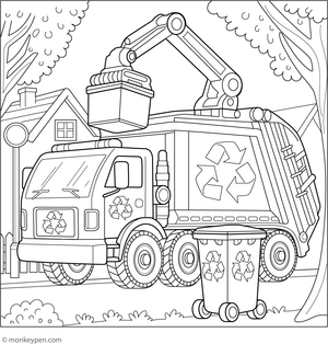 A friendly garbage truck collecting recycling bins, suitable for children to color and learn about environmental responsibility.
