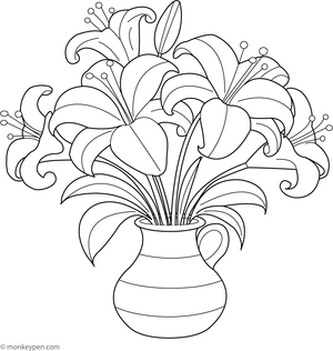 Printable coloring page featuring a bouquet of lilies arranged in a vase, suitable for children to color in a peaceful indoor scene.