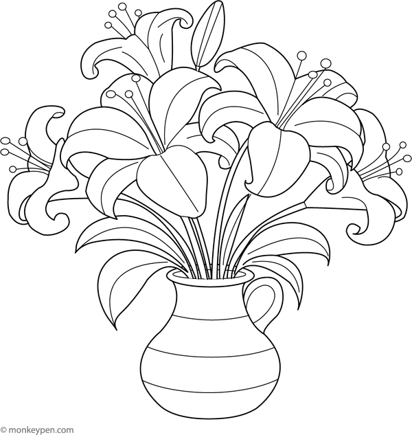 Printable coloring page featuring a bouquet of lilies arranged in a vase, suitable for children to color in a peaceful indoor scene.