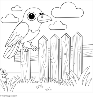 Free printable colouring page of a curious crow perched on a wooden fence looking around.