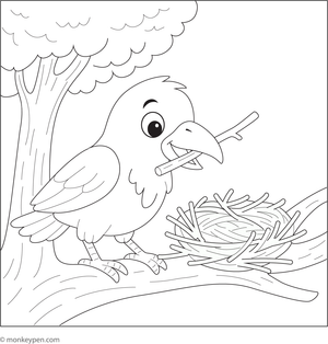 Free printable colouring page of a crow carrying twigs to build its nest in a tree.