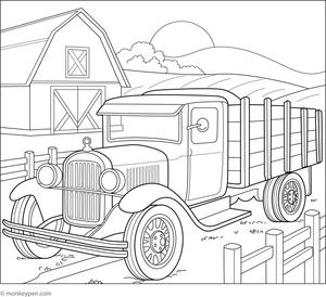 A classic vintage truck parked in a peaceful countryside setting for children to color