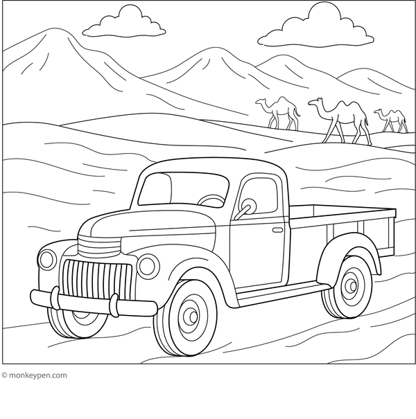 An adventure truck navigating through a sandy desert alongside a friendly camel, suitable for children to color.