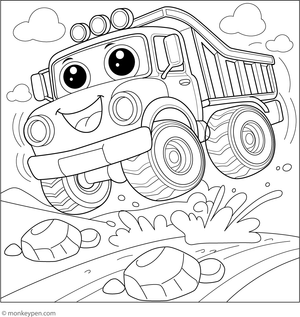 A cartoon-style truck bouncing along a bumpy road, illustrated with motion lines for children to color.