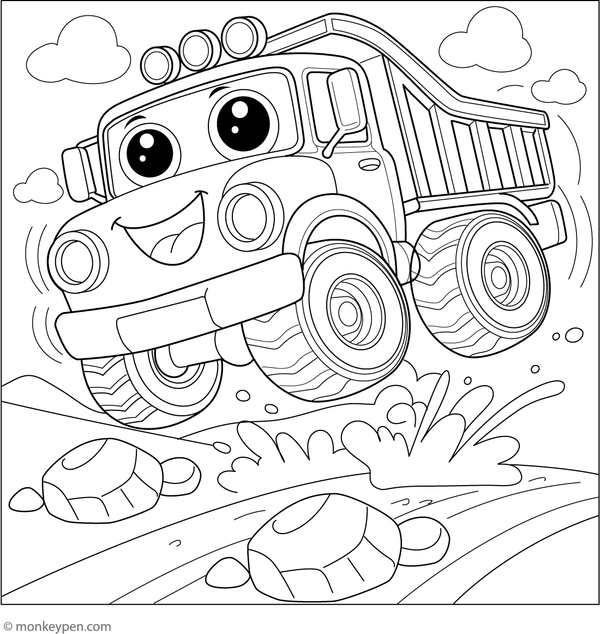 A cartoon-style truck bouncing along a bumpy road, illustrated with motion lines for children to color.