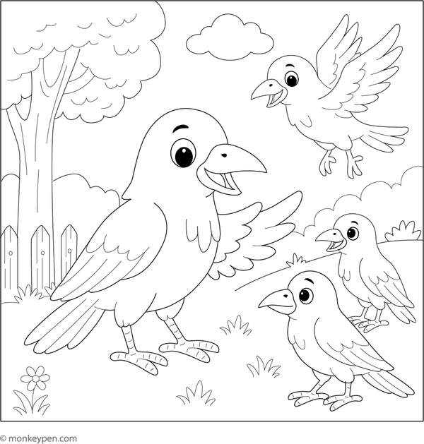 Free printable colouring page of a crow surrounded by friendly birds and animals.