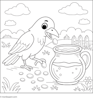 Free printable colouring page inspired by the crow and the water pot fable, showing the crow dropping pebbles into the pot.