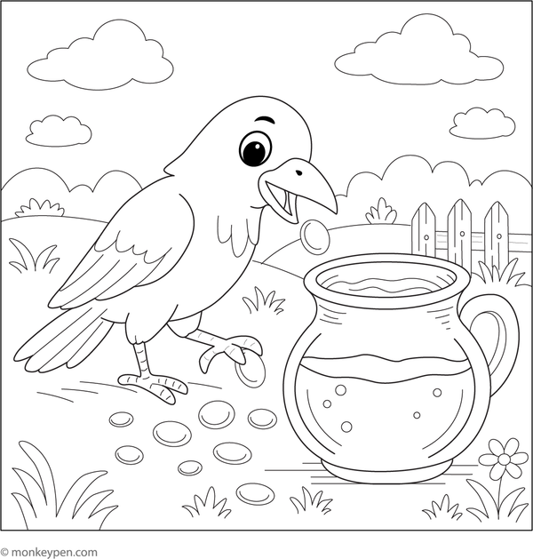 Free printable colouring page inspired by the crow and the water pot fable, showing the crow dropping pebbles into the pot.