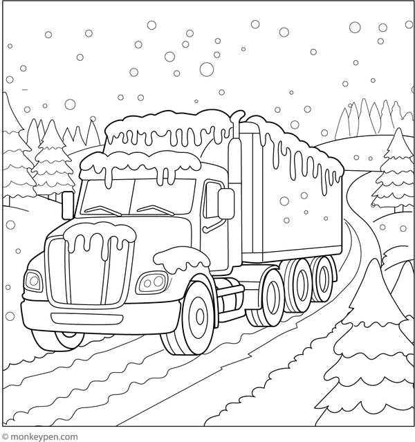 A winter scene featuring a snow-covered truck adorned with icicles and surrounded by falling snowflakes, for children to color.