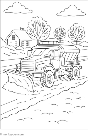 A robust snowplow truck clearing snow from icy roads, suitable for children to color and learn about winter machinery.