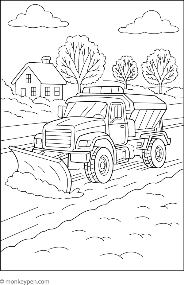 A robust snowplow truck clearing snow from icy roads, suitable for children to color and learn about winter machinery.