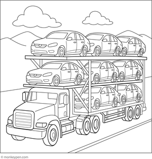 A large transport truck carrying multiple colorful cars, designed for children to color and explore vehicle transportation.