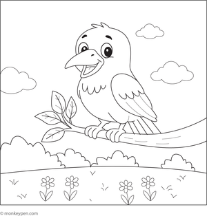 Free printable colouring page of a smiling crow sitting on a leafy branch in the sunshine.