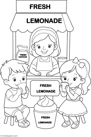 A printable coloring page of children managing a lemonade stand with signs and jars outdoors.
