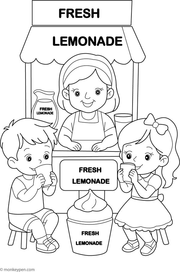 A printable coloring page of children managing a lemonade stand with signs and jars outdoors.
