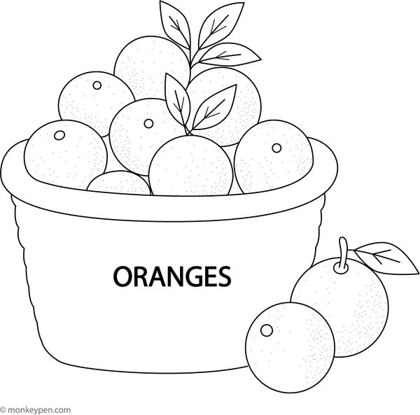  Illustration of a basket filled with fresh oranges at a market stall, suitable for children's coloring.
