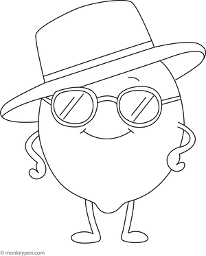 A printable coloring page of a playful lemon wearing sunglasses and a straw hat, ready for summer.
