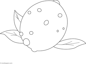 A detailed coloring page of a sliced lemon with tiny water droplets on its surface.
