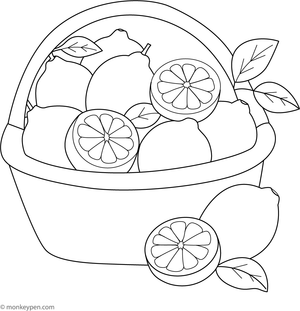 A printable coloring page of a basket filled with lemons, apples, bananas, and other fruits.
