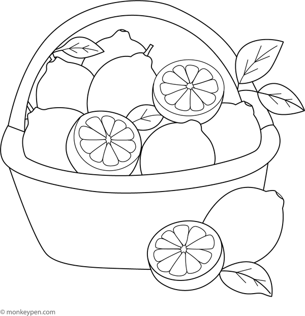 A printable coloring page of a basket filled with lemons, apples, bananas, and other fruits.
