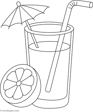 A coloring page of a jar filled with lemon juice, complete with a straw and lemon slices floating inside.
