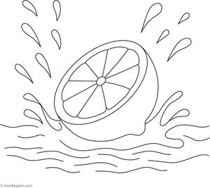 A dynamic coloring page of a lemon dropping into water, creating splash effects.
