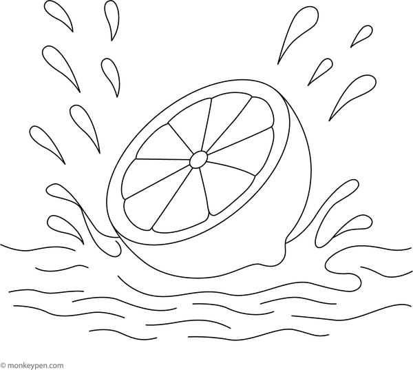 A dynamic coloring page of a lemon dropping into water, creating splash effects.
