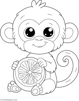  Playful monkey peeling an orange for children to color.
