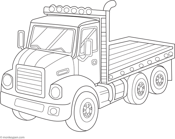 An illustration of a flatbed truck carrying large loads, suitable for educational coloring.