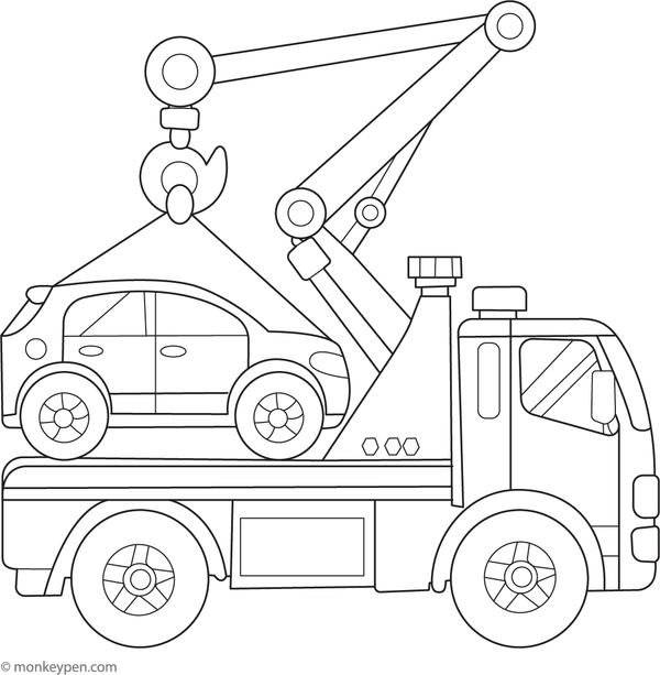 Line art of a tow truck using a large hook and crane arm to lift a car onto its flatbed, designed as a children’s colouring page.