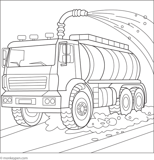 A water tanker truck spraying water on a dusty road, suitable for coloring activities.