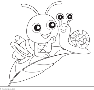 Printable coloring sheet showing a grasshopper and a snail on the ground in a garden setting