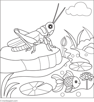 Printable coloring page of a grasshopper sitting beside a pond with lily pads and reeds.